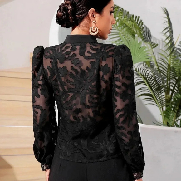 Contrast Lace Lantern Sleeve Mock Neck Going Out  Black Shirt Withou - Picture 3 of 7